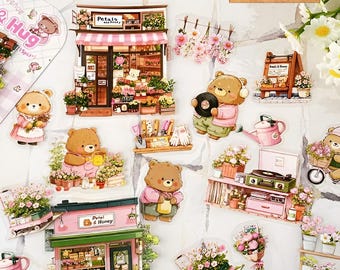 15 PET stickers. KAwaii. Cartoon. Cute. ANimal shops. Penguin. Bear. Florist. BAkery. Cat. Puppy. Stationery. scrapbooking