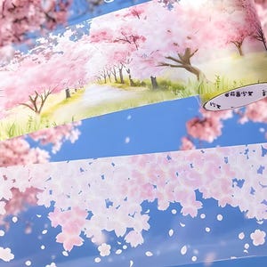 Sakura, kwiat wiśni, wiosna w Japonii, taśma PET. Góra Fuji. Park Sakura. Świątynia. Drzewa. Kwiaty.