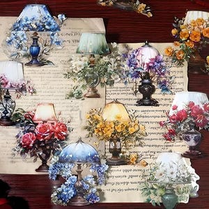 10 adesivos PET. Retrô. Vintage. Luminária de mesa. Estilo Liberty. Flores. Luminárias de mesa.
