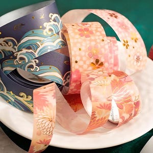 5 wzorów. Zestaw 3 szt. Papier uwalniający, taśma washi. Złocone. Złota folia. Chiński, japoński wzór. Fale. Żurawie. Sakura