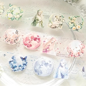 Masking tape. Clear. Fantasy. Moon. Fairy. Angel. Cat. Cartoon. Kawaii. Stickers. Flowers.