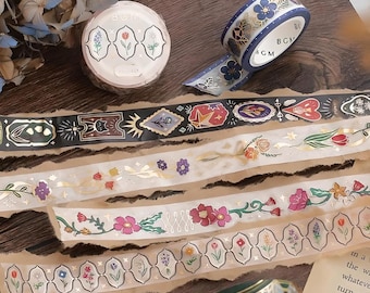 1  roll, BGM, retro series, washi tape. Gold foil. Vintage. Flowers.