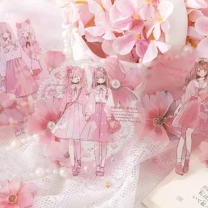 10 stickers PET mats. Japonais, anime girls. Fleurs. Dentelle. Embellissement