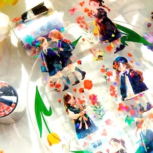 Fita PET. Lapidado. Anime. Desenho animado. Garotas. Japonês. Flores. Sakura. Primavera. Girassóis.