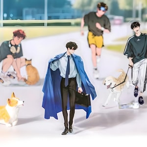 May include: A collection of anime-style character cutouts. One figure wears a blue coat and carries a briefcase. Other figures include a runner, a person with a dog, a person with a cat, and a corgi.