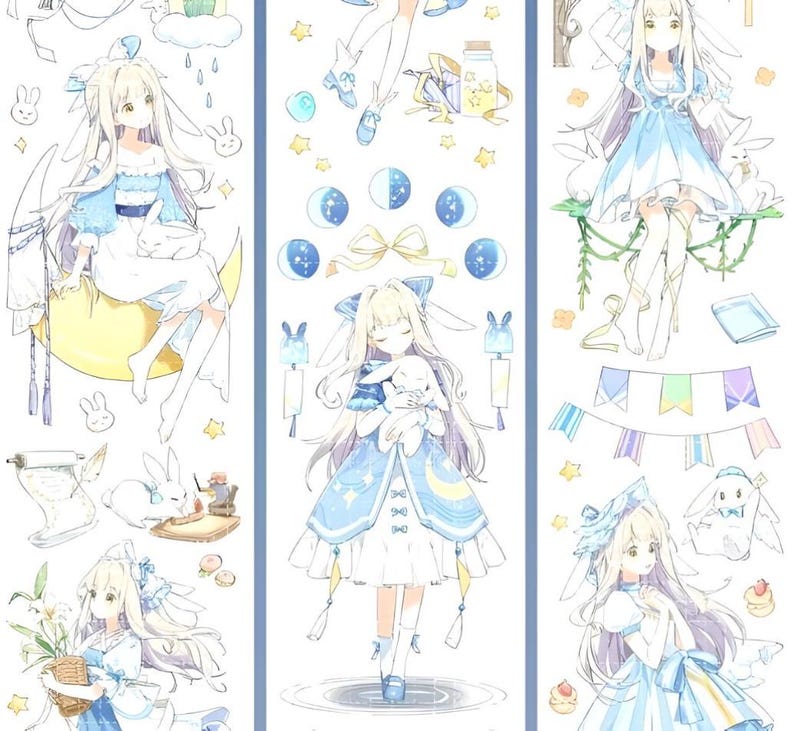 Cartoon. Anime. PET tape. Cat . Sakura panda. White rabbit from Alice in Wonderland. Rabbit girl