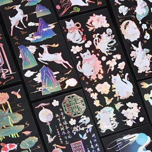 3 feuilles, non découpées, feuille d'or, autocollants PET. Style japonais. Lotus. Koi. Grues. Les chats. Sakura. Koinobori