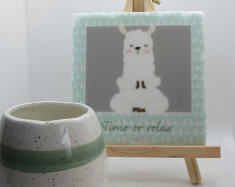 llama alpaca doing yoga printed marble trivet pot holder time to relax with easel