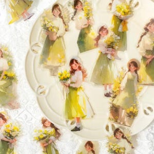 30 autocollants en PET. Mat. Fille aux fleurs. Fille d'anime. Le printemps. Lavande. Mimosa