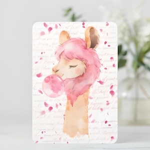 Watercolor Bookmark illustration of a llama with a bubblegum with quote, pink petals, calligraphy script, and charm