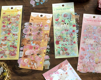3 sheets, precut, silver foil, kawaii, cartoon, illustration, stickers. PET material. Peach. Strawberry. Bear. Rabbit. Cat. Shiba