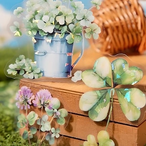 10 autocollants en PET. Trèfle. Bonne chance. Plantes. Fleurs. Fleurs sauvages. Vert. Papeterie. Scrapbooking. Planificateur.