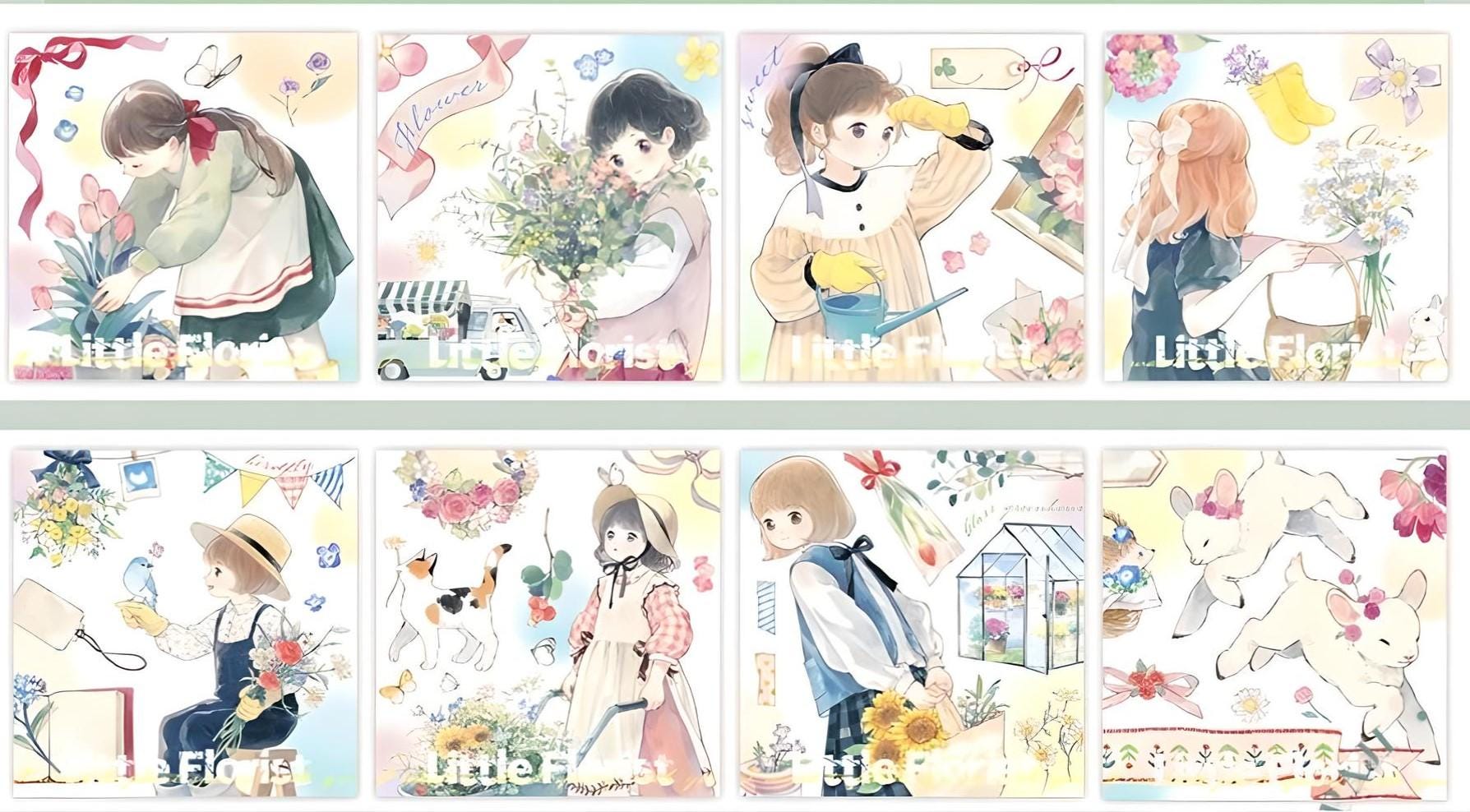 4 styles. 200 label stickers. Anime. Cartoon. Kawaii. Girl. Witch. Lotus. Red riding Hood. Florist girl