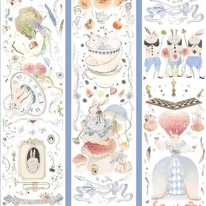 May include: Three rolls of decorative washi tape with a whimsical Alice in Wonderland theme. The tape features illustrations of a teacup, clock, mushrooms, a flamingo, a chessboard, and characters in blue and pink clothing.