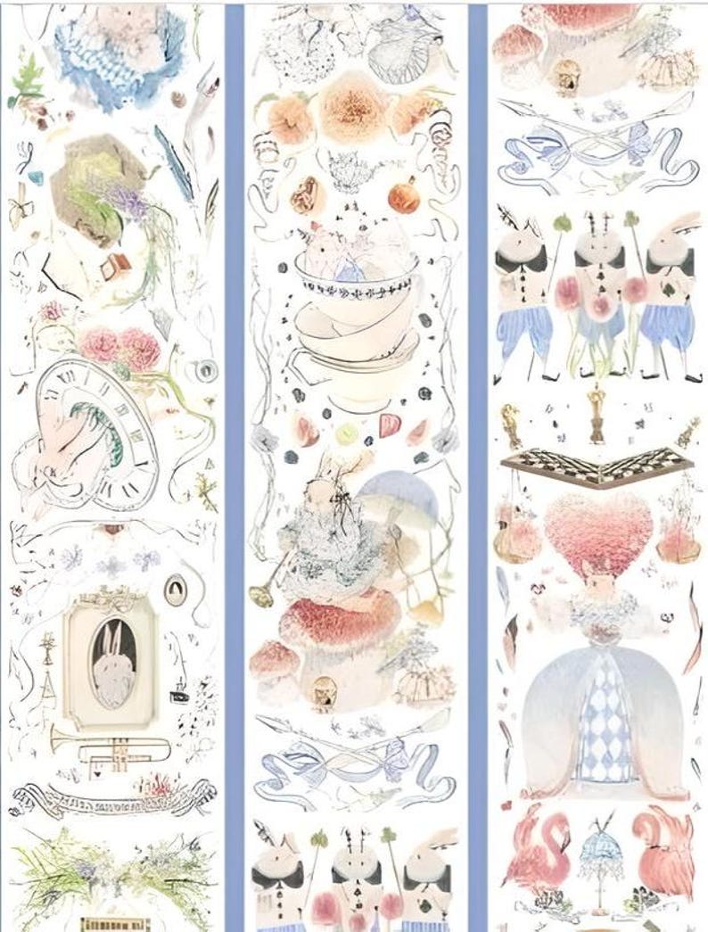 May include: Three rolls of decorative washi tape with a whimsical Alice in Wonderland theme. The tape features illustrations of a teacup, clock, mushrooms, a flamingo, a chessboard, and characters in blue and pink clothing.