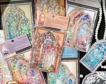 10, gorgeous, Gothic windows stickers. Stained glass. Faceted. Laser foiled. 3D effect.