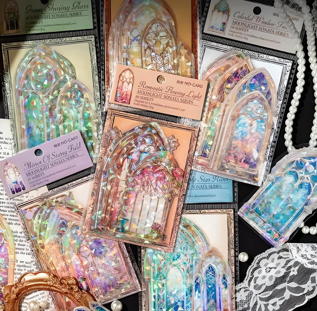 10, gorgeous, Gothic windows stickers. Stained glass. Faceted. Laser foiled. 3D effect.