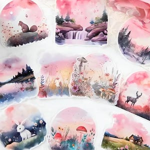 10 glanzende, gewaxte washi-stickers. Illustraties. Landschap. Bosdieren. Zonsondergang. Veld. Nacht: