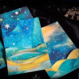 10 adesivos de papel fosco, fundo. Scrapbooking. Noite estrelada. Céu. Estrelas. Fantasia