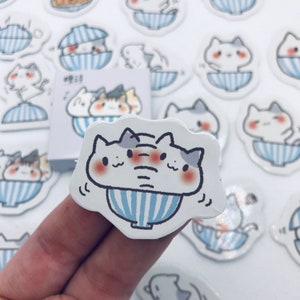 Japanese kawaii anime cat in rice bowl stickers
