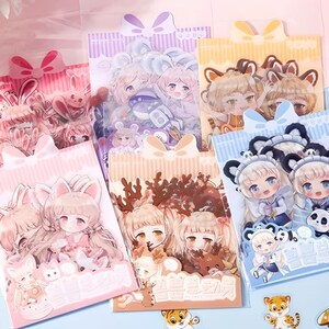 1 autocollants kawaii, anime, manga, PET. Fille avec un panda, un lapin et un chat