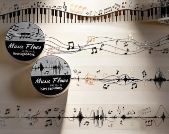 Laser foil, PET tape. Clear and black. Music. Music sheet. Musical notes. Orchestra. Stationery. Scrapbooking. Pentagram.