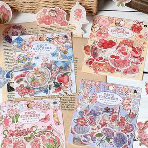 40, naklejka z papieru washi. Sakura. Kwiat wiśni. Truskawka. Kot. Wiosna. Wiśnia