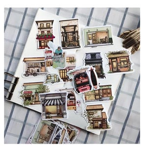 Doe-het-zelf, Japanse winkels, gebouwen, restaurants, illustraties, stickers. Briefpapier