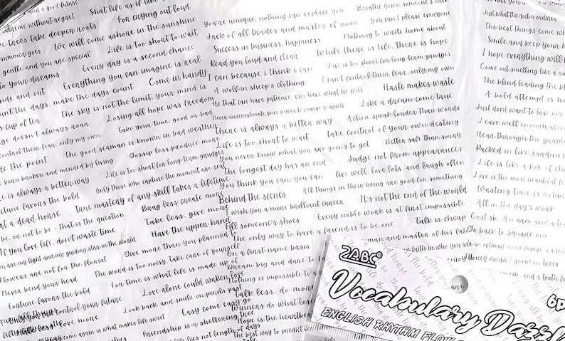 May include: A close-up of a white background with black text. The text is in a handwritten style and includes inspirational quotes and sayings. The text includes phrases like "Life is too short to wait", "Take less, give more", and "Haste makes waste".