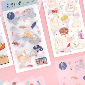 6 feuilles, prédécoupées, autocollants en papier washi. Objets traditionnels japonais. Chats.