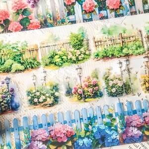 PET-tape. Afplaktape. Paginarand. Versiering. Hek. Tuin. Lantaarnpaal. Hortensia. Herfst.