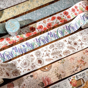 Fita Washi. Campo de papoula. Lavanda e margarida. Retro, caligrafia, notas botânicas