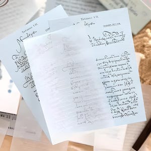 30 sheets, paper and translucent paper for scrapbooking and journaling. Handwriting. Words. Script.