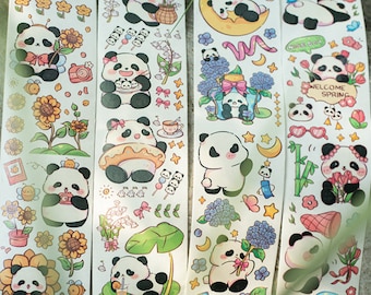 Cartoon, panda bear, washi tape. Kawaii. Hydrangea. Cherry blossom spring. Stickers