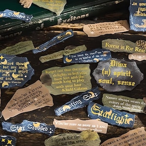 Op de afbeelding: Een verzameling decoratieve leisteenborden met inspirerende citaten en spreuken. De borden zijn in verschillende kleuren, waaronder zwart, goud en wit. De citaten omvatten "Star Crossed", "Forest is For Rest", "Shooting Star", "Diwa (n) spirit, soul, sense", "You're just as sane as I am" en "Nature always wears the colors of the spirit."