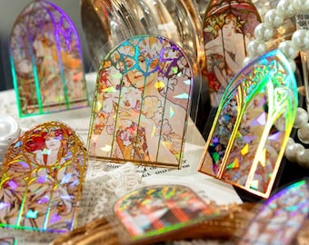 20 stickers. Gold foiled. PET material. Faceted. Sparkly. Stained glass windows. Belle Epoque. Women. Liberty style.