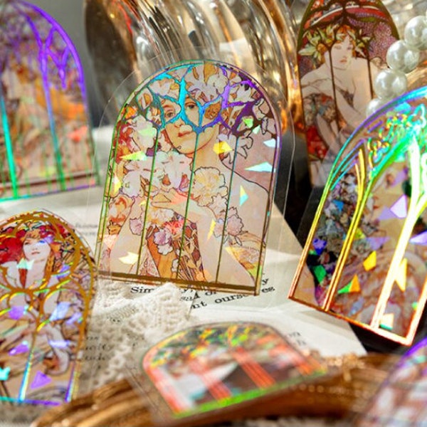 20 stickers. Gold foiled. PET material. Faceted. Sparkly. Stained glass windows. Belle Epoque. Women. Liberty style.