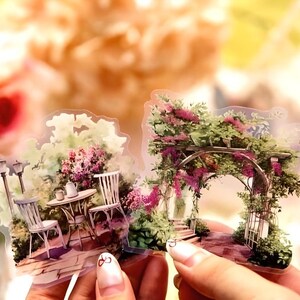 10 PET-stickers. Mat. Tuinen. Stroom. Brug. Ramen. Bougainvillea. Terras:
