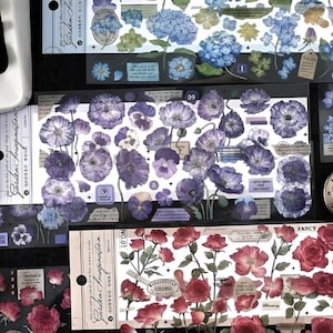 3 strisce. Non tagliate. Adesivi PET. Opaco. Tuberose. Ortensia. Viola. Viola del pensiero. Primavera.