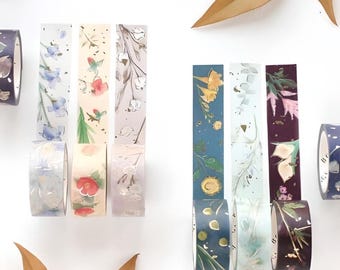 BGM. Japanese washi tape. Gold foil. Garden series. Anemone, hydrangea, calla lily, flower