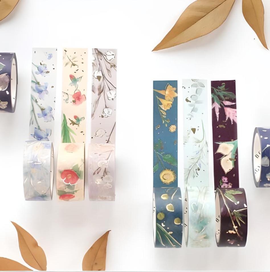 BGM. Japanese washi tape. Gold foil. Garden series. Anemone, hydrangea, calla lily, flower