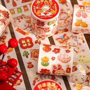 1 roll. Gold foil. Washi tape. Kawaii. Cartoon. Rabbit. New Year. Year of the rabbit.