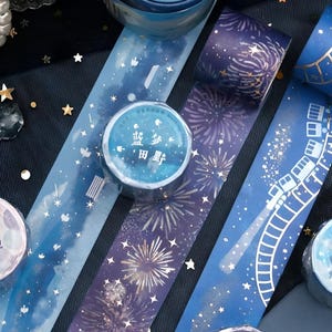 1pcs gold foil washi tape, masking tape. Magical night. Piano. Park. Bench. Stars. Sky. Flying train. Moon