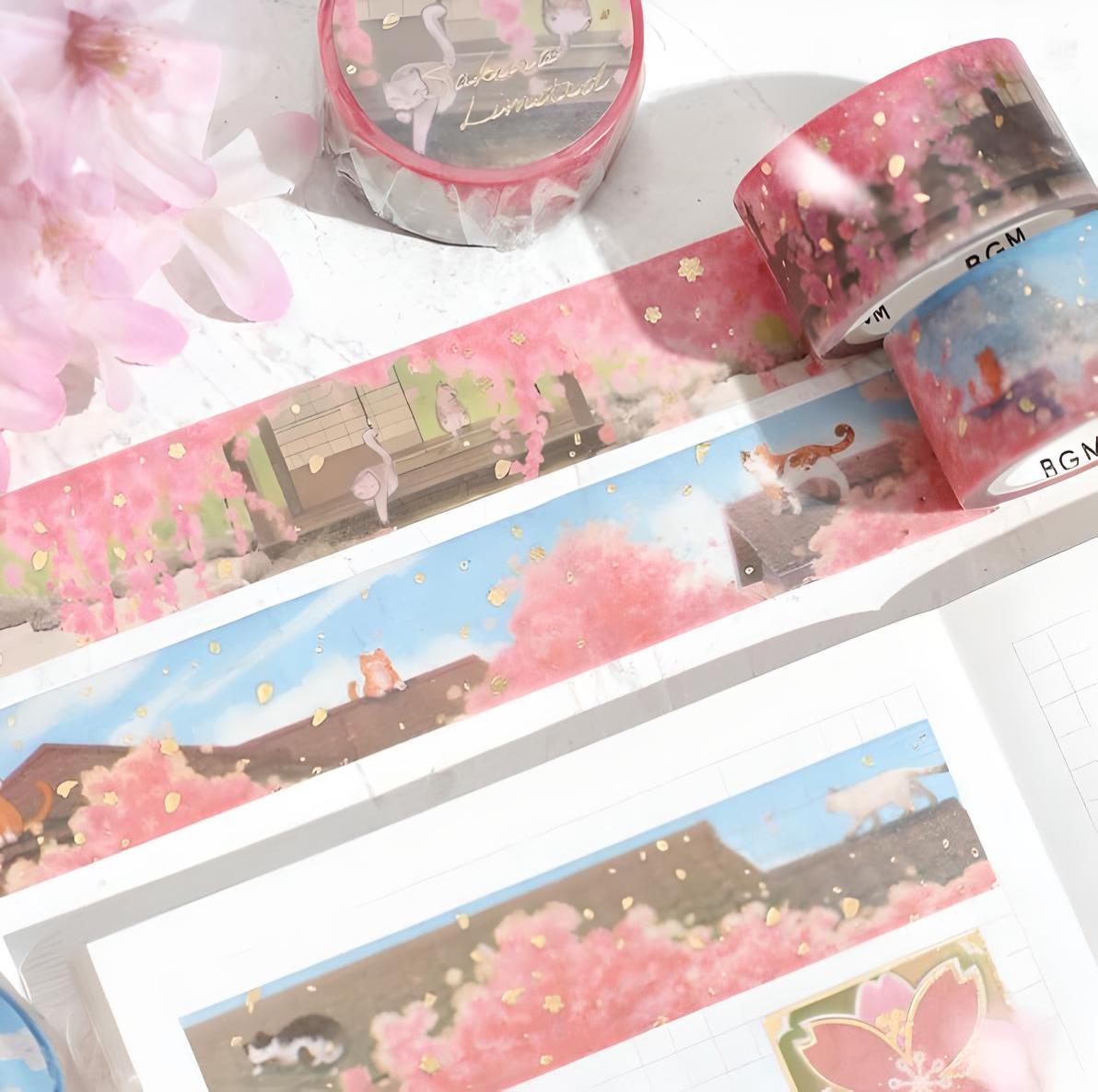 BGM Washi Tape. Spring 2024. Sakura Limited. Cats. Cherry Blossom