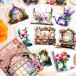 10 washi, adesivos brilhantes. Jardim. Estufa. Chá da tarde. Flores. Glicínia. Jardinagem