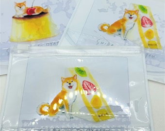 1, clear PVC, pouch. Japanese. Shiba inu design with fruit desserts.