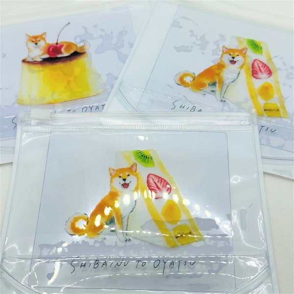 1, clear PVC, pouch. Japanese. Shiba inu design with fruit desserts.