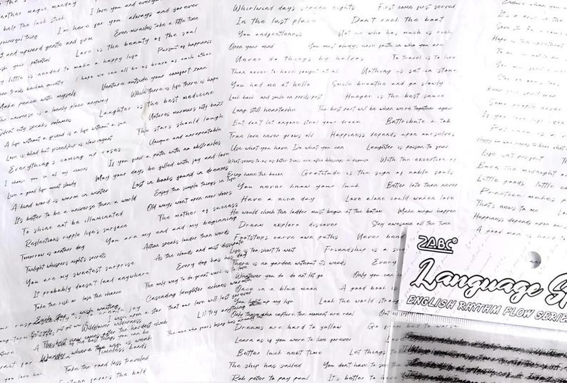 May include: A close-up of a white sheet of paper with handwritten text in black ink. The text is a collection of quotes and phrases about life, love, and happiness. The text is in a cursive font and is slightly faded. The paper is slightly wrinkled and has a few small tears. The text includes phrases like "Whirlwind days", "In the last place", "Don't read the knot", "Happiness depends", "Love alone could make life", "Better late than never", "Say everyone at the same time", "Friendship is a song", "Every day has its own music", "The way to do great work is to love what you do", "Love is a language", "The best moments are real", "Learn as if you were to live forever", "The ship has sailed", "You don't have to go", "It's better to have loved and lost", "The gold", "Language Game", "English Rhythm Flow Series".