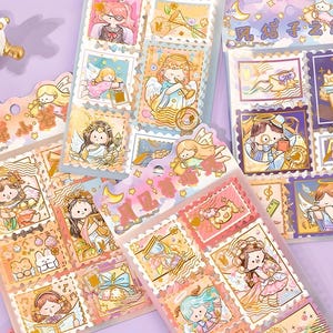 4 sheets, paper stamps, paper stickers. Gold foil. Kawaii. CArtoon. Elf. Angels. Girl.