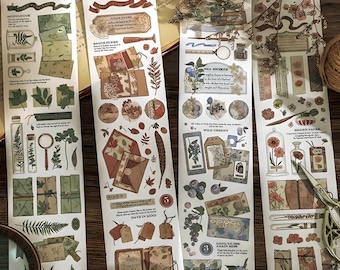 Pode incluir: Quatro folhas de fita washi decorativa com designs florais e de temática natural. A fita apresenta ilustrações de flores, folhas, galhos e outros elementos botânicos. A fita é impressa em um fundo branco com uma borda marrom clara.